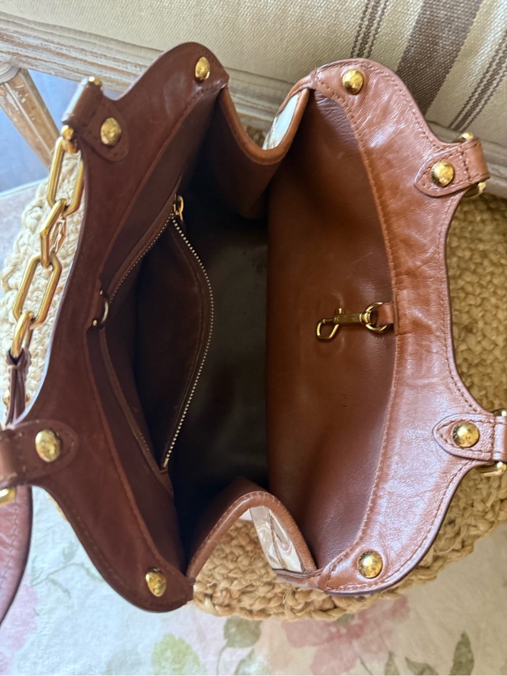 Louis Vuitton Brown & White Chain-Print Satchel with Gold Hardware - Picture 6 of 6